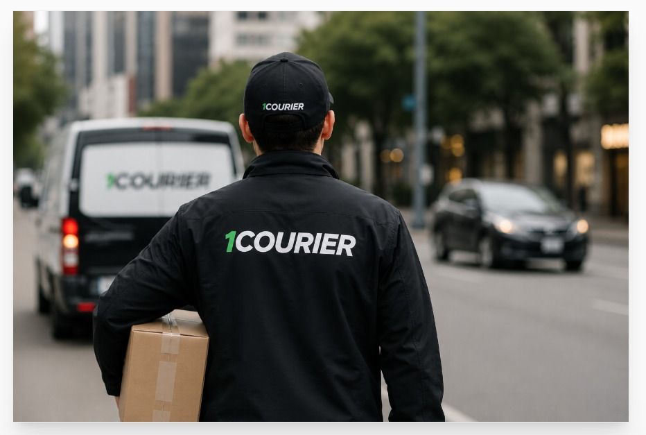 1Courier driver in branded jacket walking with package, 1Courier van behind
